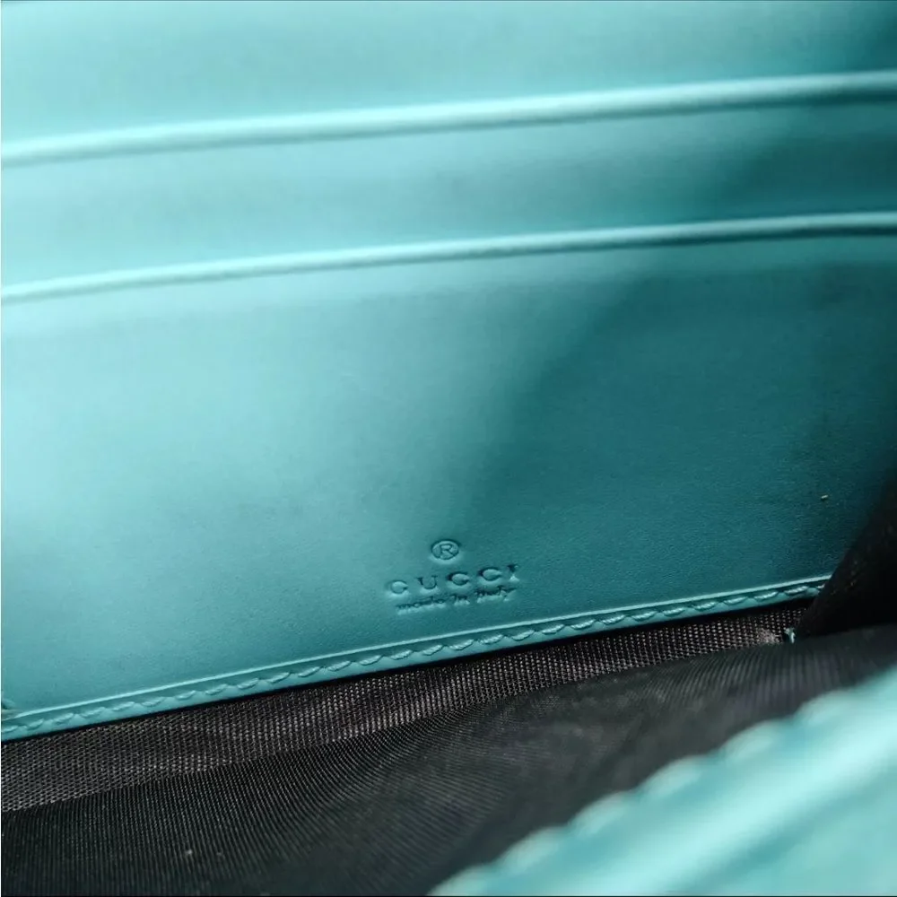 Auth Gucci Turquoise Blue GG Monogram MicroGuccisima Continental Wallet Bow - Picture 5 of 9